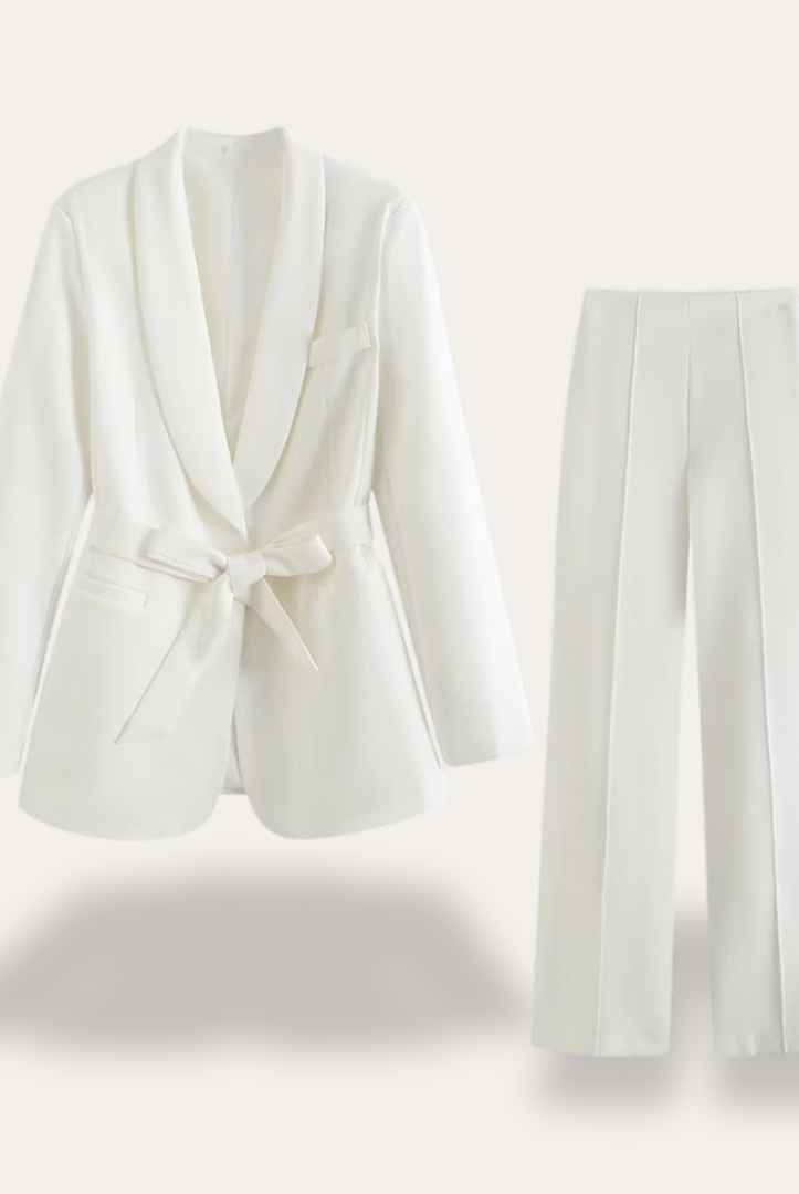Women's Hazel blazer and wide-leg trousers set by Lumina Wear, featuring a belted blazer and tailored trousers for a sophisticated look.