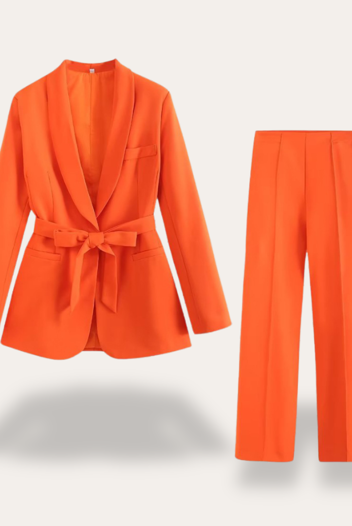 Hazel women's belted blazer and wide-leg trousers set by Lumina Wear, stylish tailored suit for women in neutral tones.