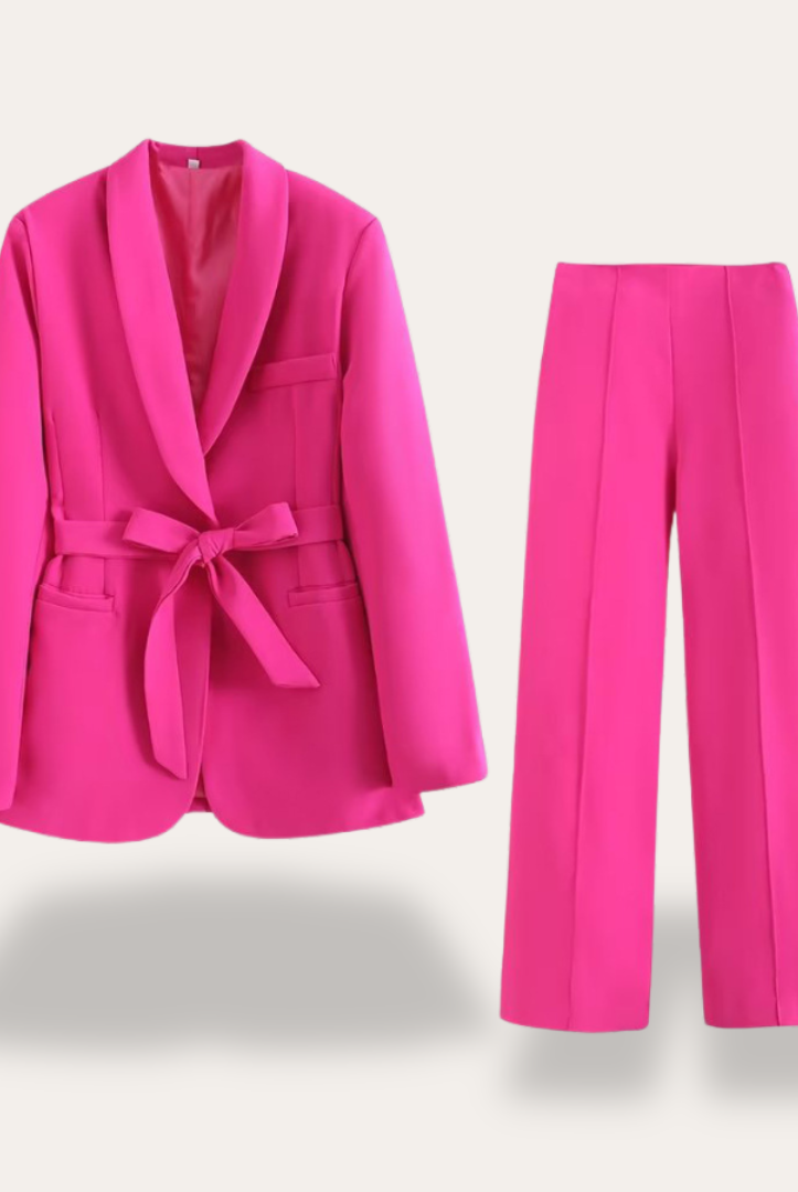 Hazel women's belted blazer and wide-leg trousers set by Lumina Wear, featuring a stylish tailored blazer with matching trousers.