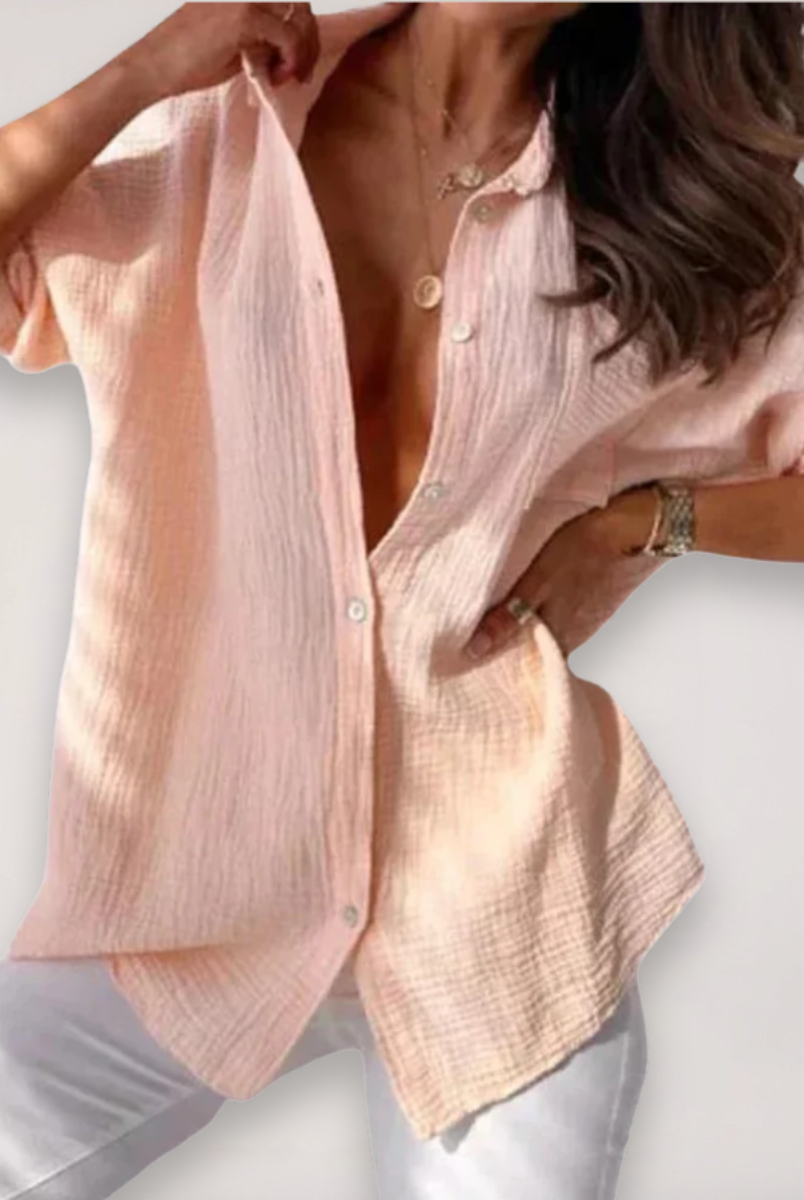 Lumina Wear Hazel relaxed button front casual shirt with roll-up sleeves, lightweight fabric, and a comfortable fit.