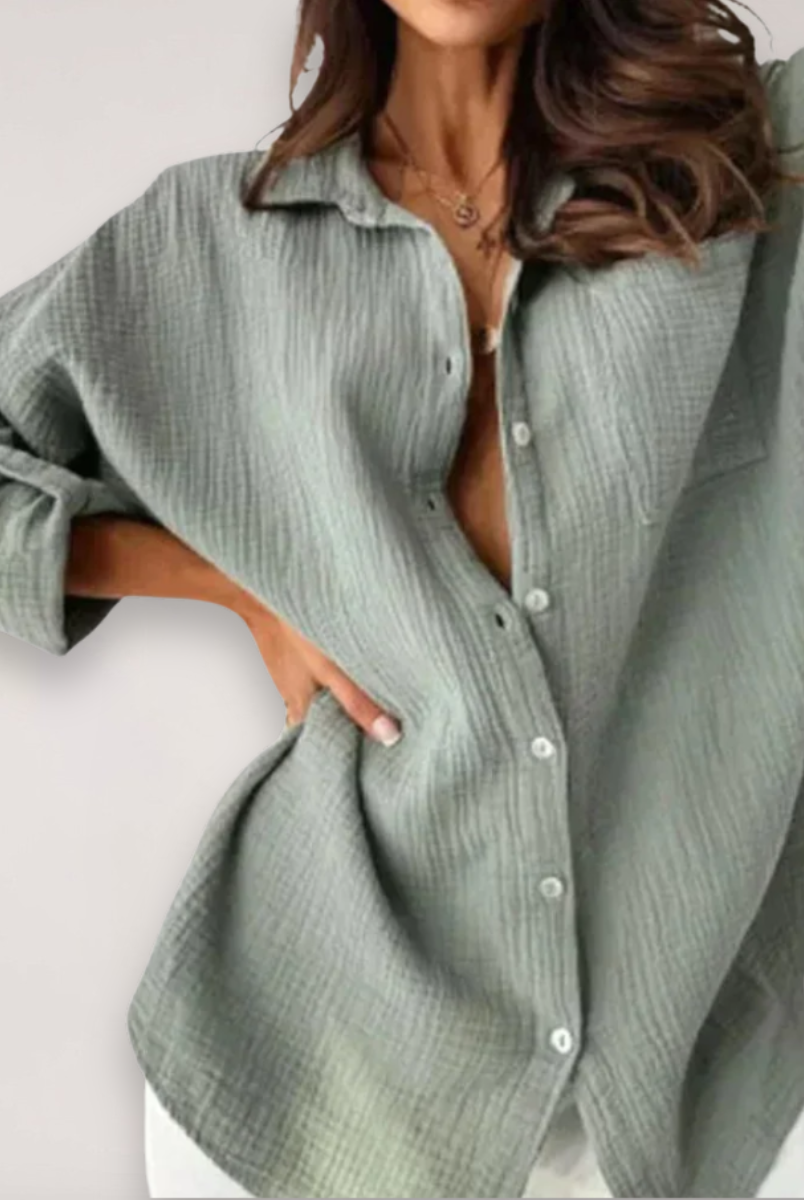 Lumina Wear Hazel relaxed button front casual shirt with roll-up sleeves, lightweight fabric, and classic collar for a laid-back style.