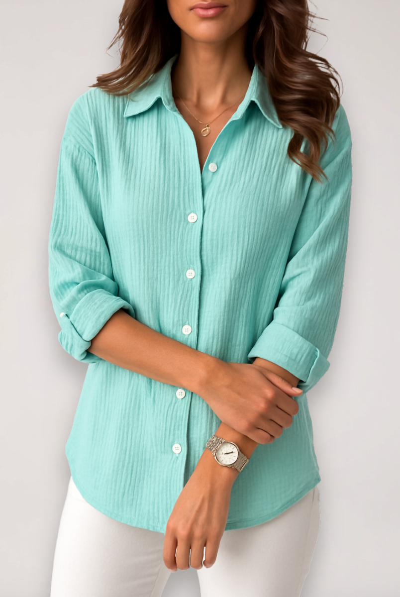 Lumina Wear Hazel relaxed button front shirt with roll-up sleeves, casual style in soft fabric, shown on a model.