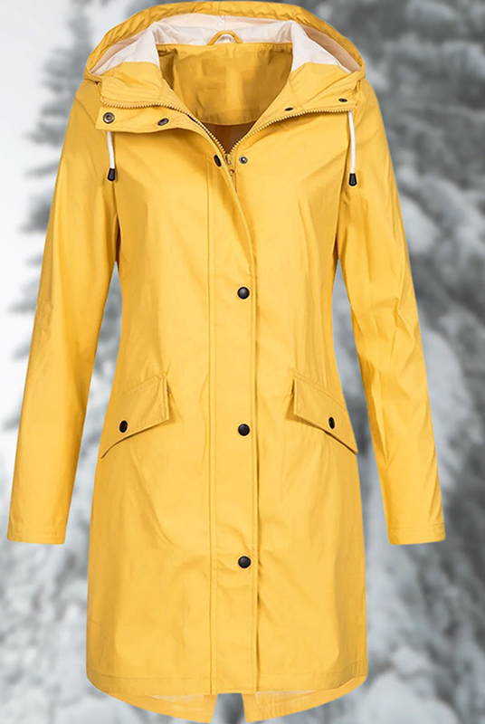 Lumina Wear Isabella adjustable hood raincoat with snap buttons and streamlined fit, designed for stylish protection from the rain.