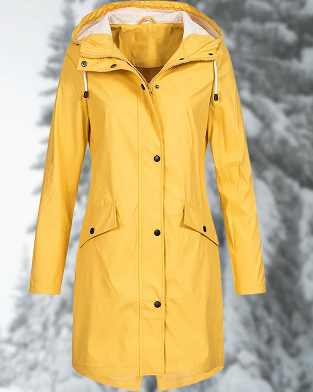 Lumina Wear Isabella adjustable hood raincoat with snap buttons and streamlined fit, perfect for rainy weather.