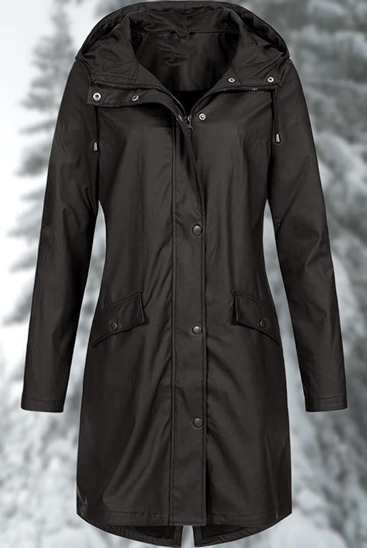Lumina Wear Isabella adjustable hood raincoat with snap buttons and streamlined fit, perfect for rainy weather.