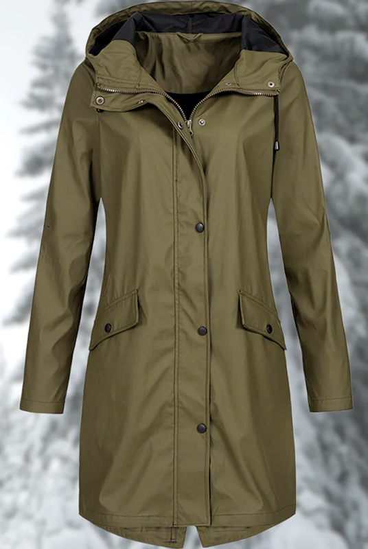 Lumina Wear Isabella adjustable hood raincoat with snap buttons, streamlined fit, perfect for rainy weather.