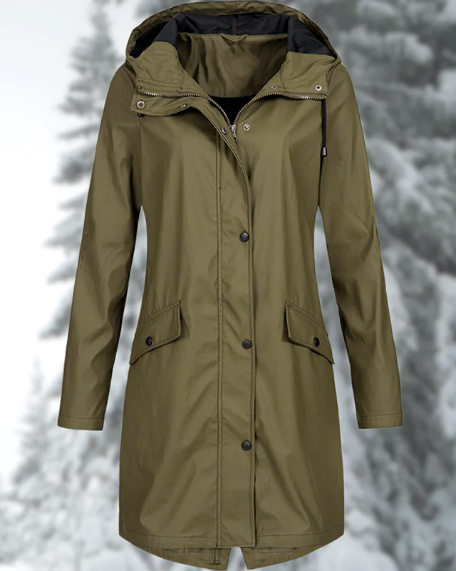 Lumina Wear Isabella adjustable hood snap button raincoat with streamlined fit, shown in a sleek, waterproof coat design.