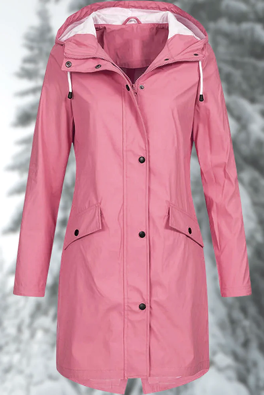 Lumina Wear Isabella adjustable hood raincoat with snap buttons and streamlined fit, perfect for rainy weather protection.
