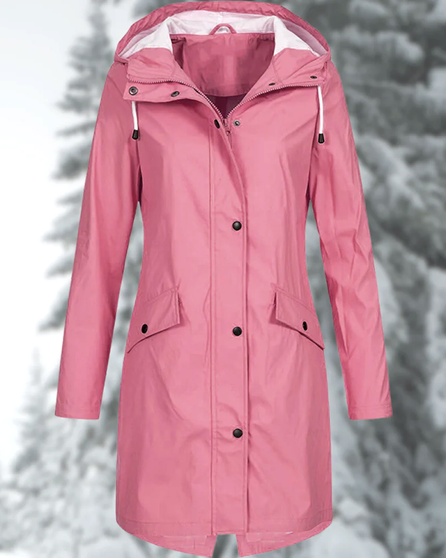 Lumina Wear Isabella adjustable hood raincoat with snap buttons, streamlined fit, perfect for wet weather and stylish protection.