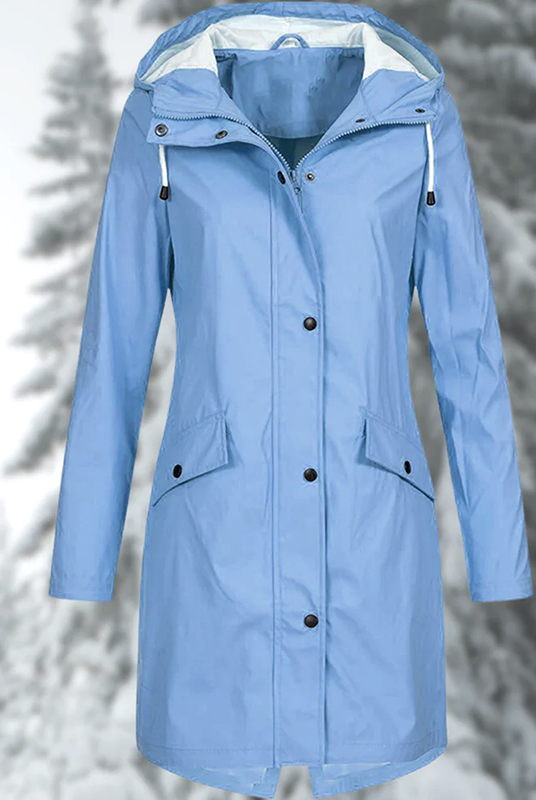 Lumina Wear Isabella adjustable hood raincoat with snap buttons and streamlined fit, suitable for wet weather protection.