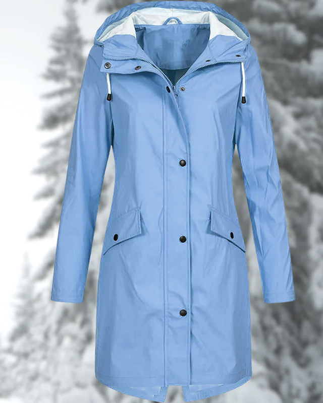 Lumina Wear Isabella adjustable hood raincoat with snap buttons and streamlined fit, shown in a stylish waterproof coat image.