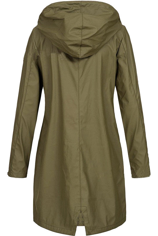 Lumina Wear Isabella raincoat with adjustable hood, snap buttons, and streamlined fit, perfect for rainy weather.