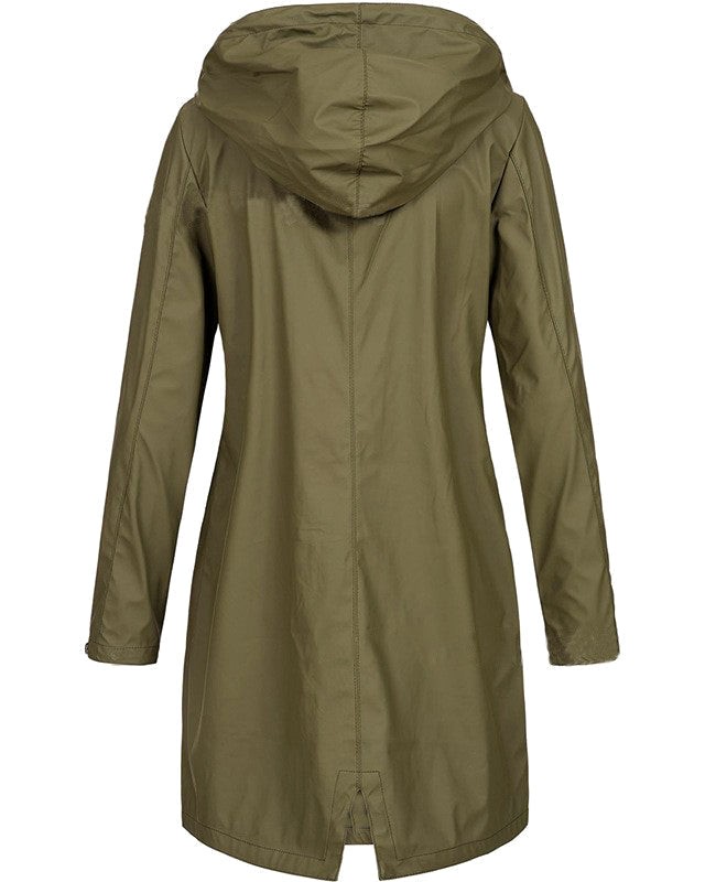 Lumina Wear Isabella adjustable hood raincoat with snap buttons and streamlined fit, suitable for rainy weather.