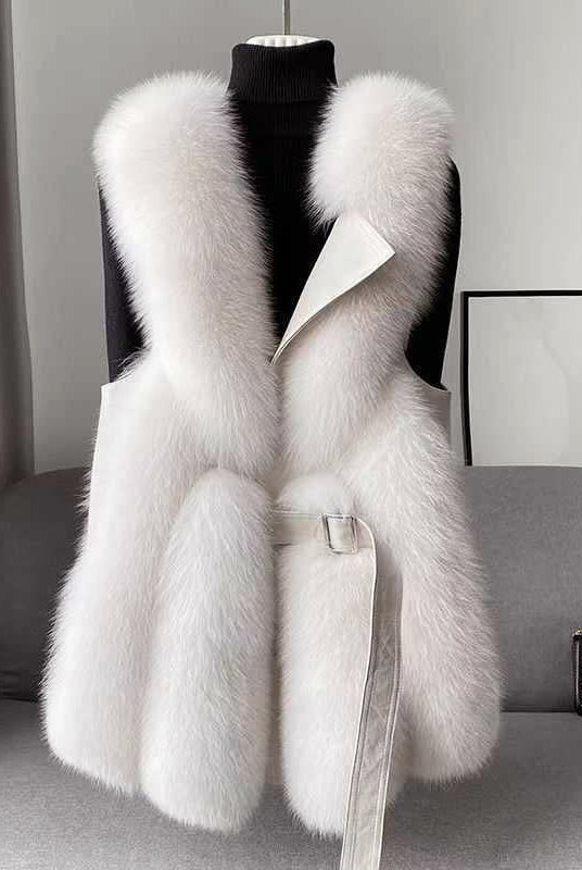 Isabella Lumina faux fur vest with leather trim, belted waist, and sleek silhouette displayed on a model.