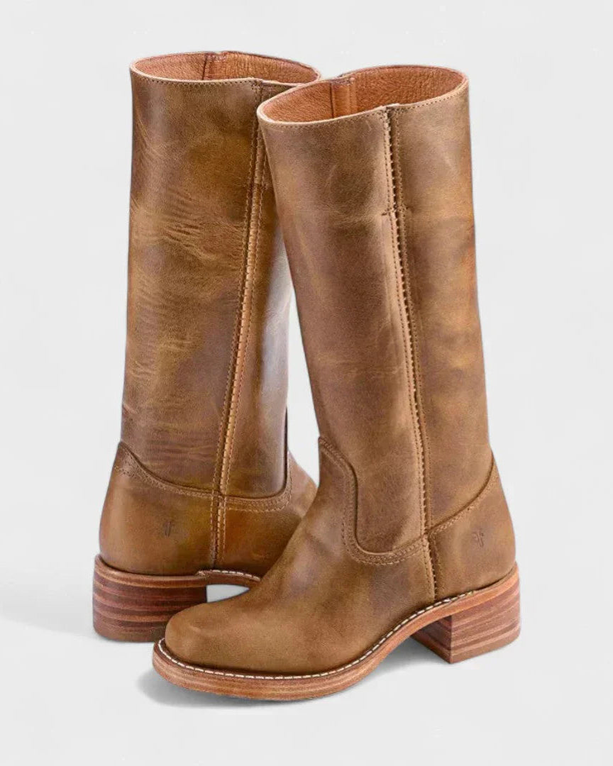 Black leather knee-high orthopedic boots with retro style from Lumina Wear, featuring sturdy soles and classic design.