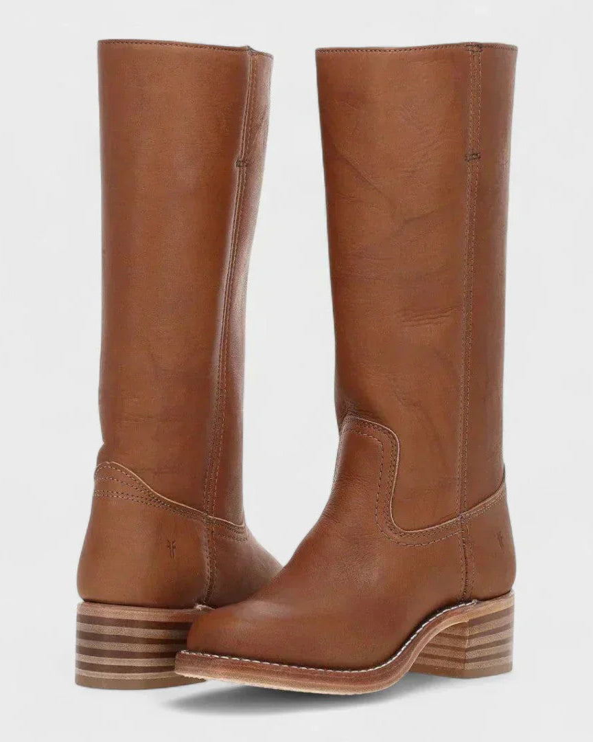 Black leather knee-high orthopedic boots with retro style from Lumina Wear, featuring a classic design and sturdy heel.