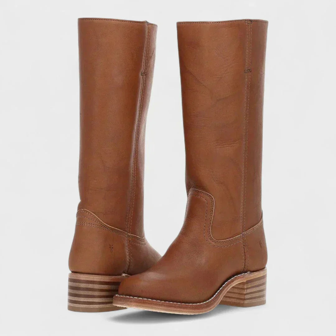 Black leather knee-high orthopedic boots with retro style from Lumina Wear, featuring a classic design and sturdy heel.