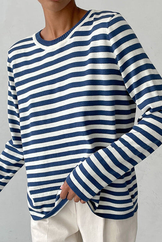 Lumina Wear Isabella bold striped relaxed fit sweater with ribbed neckline, showcasing cozy knit fabric and trendy design.