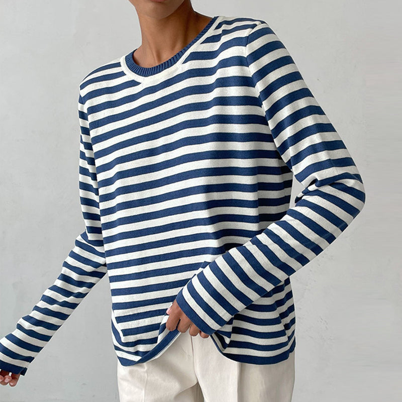 Lumina Wear Isabella bold striped relaxed fit sweater with ribbed neckline, stylish and comfortable for casual wear.