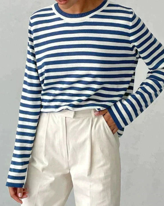 Lumina Wear Isabella bold striped relaxed fit sweater with ribbed neckline, displayed on a mannequin.