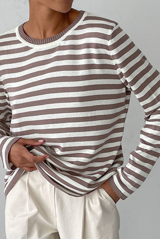 Lumina Wear Isabella bold striped relaxed fit sweater with ribbed neckline, shown in a cozy, casual style.