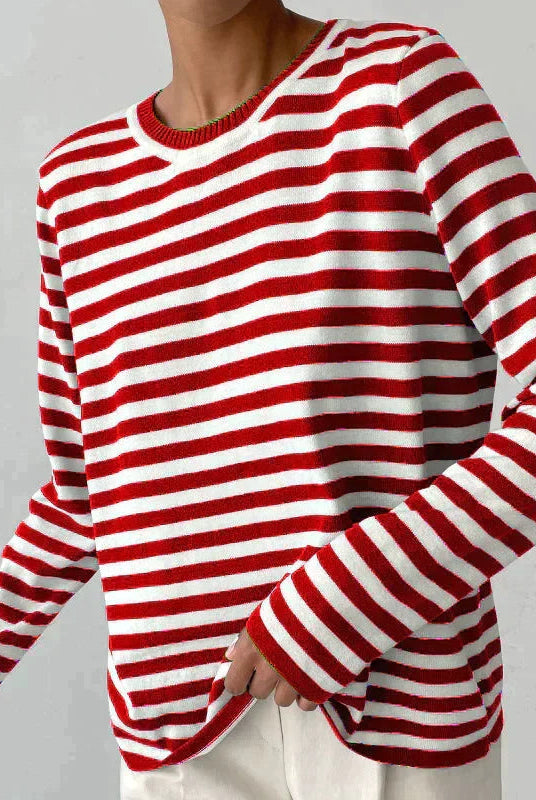 Lumina Wear Isabella bold striped relaxed fit sweater with ribbed neckline, casual and comfortable knit top for women.