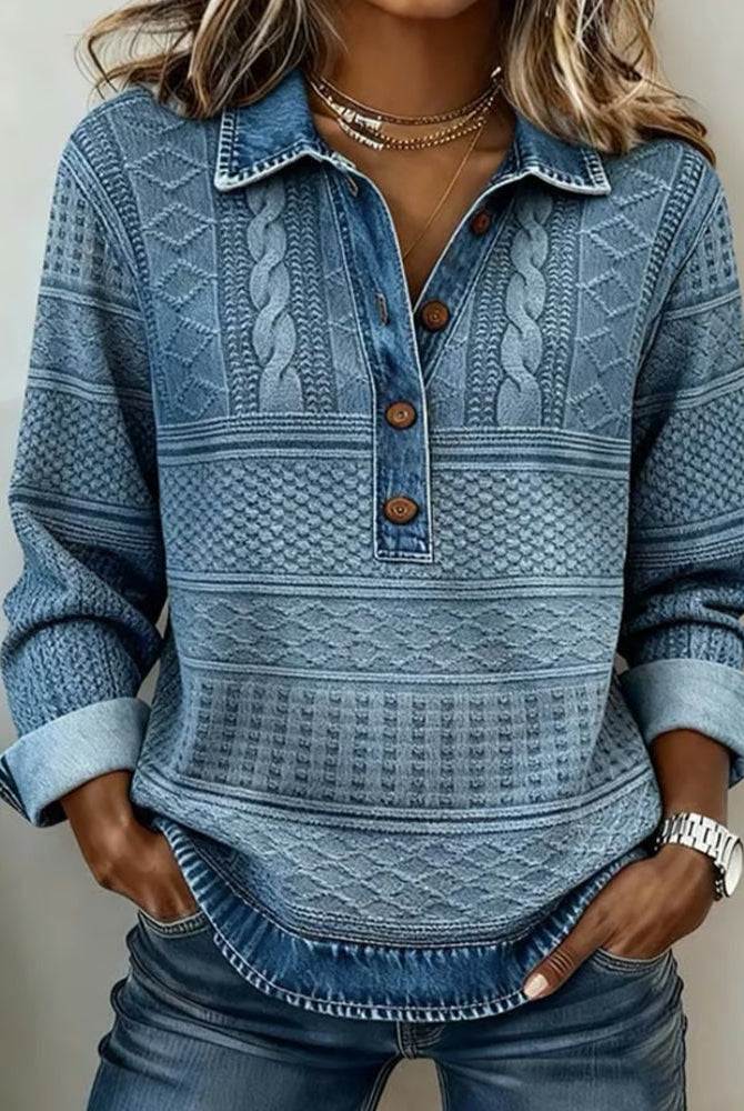 Isabella Lumina cable knit relaxed fit polo sweatshirt with contrast details, featuring a cozy design and casual style.