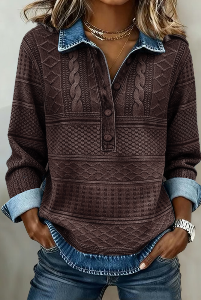 Lumina Wear Isabella cable knit relaxed fit polo sweatshirt with contrast details, casual and comfortable for everyday wear.