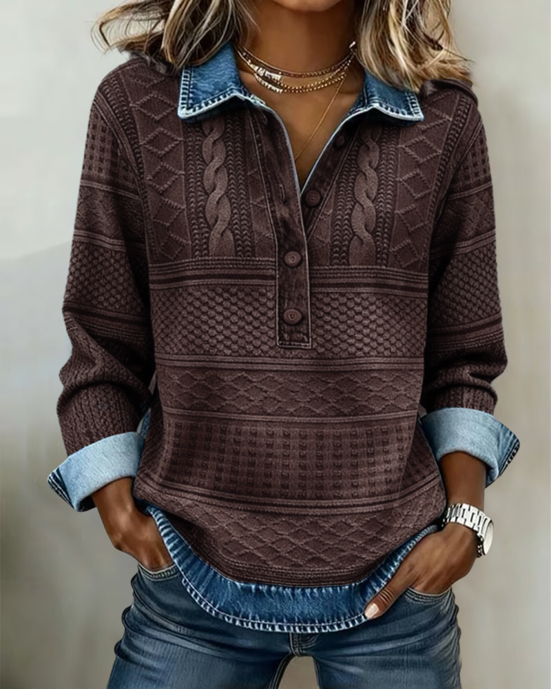 Lumina Wear Isabella cable knit relaxed fit polo sweatshirt with contrast details, shown in a cozy, casual style.