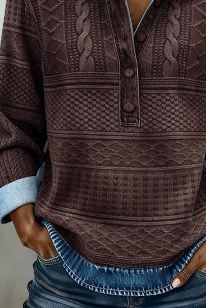 Lumina Wear Isabella cable knit relaxed fit polo sweatshirt with contrast details, casual knit sweater for comfort and style.