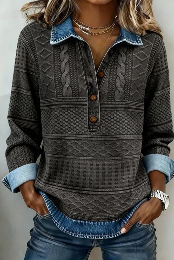 Lumina Wear Isabella cable knit relaxed fit polo sweatshirt with contrast details, featuring cozy knit fabric and casual style.