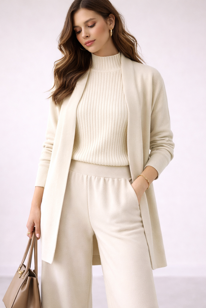 Lumina Wear Isabella cozy ribbed knit loungewear set with relaxed fit, featuring soft fabric and comfortable design.