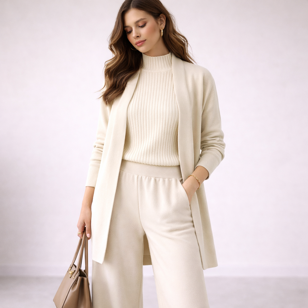 Isabella Lumina Wear cozy ribbed knit loungewear set with relaxed fit, including a top and matching pants, in soft neutral tones.