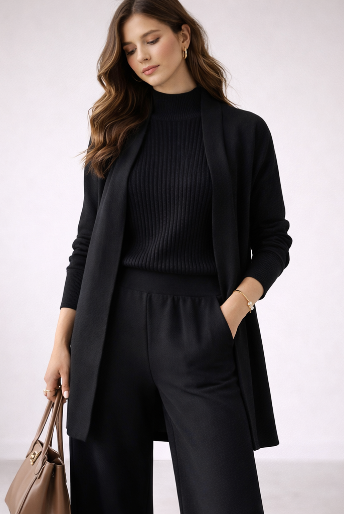 Lumina Wear Isabella cozy ribbed knit loungewear set with relaxed fit, featuring soft fabric and comfortable style.