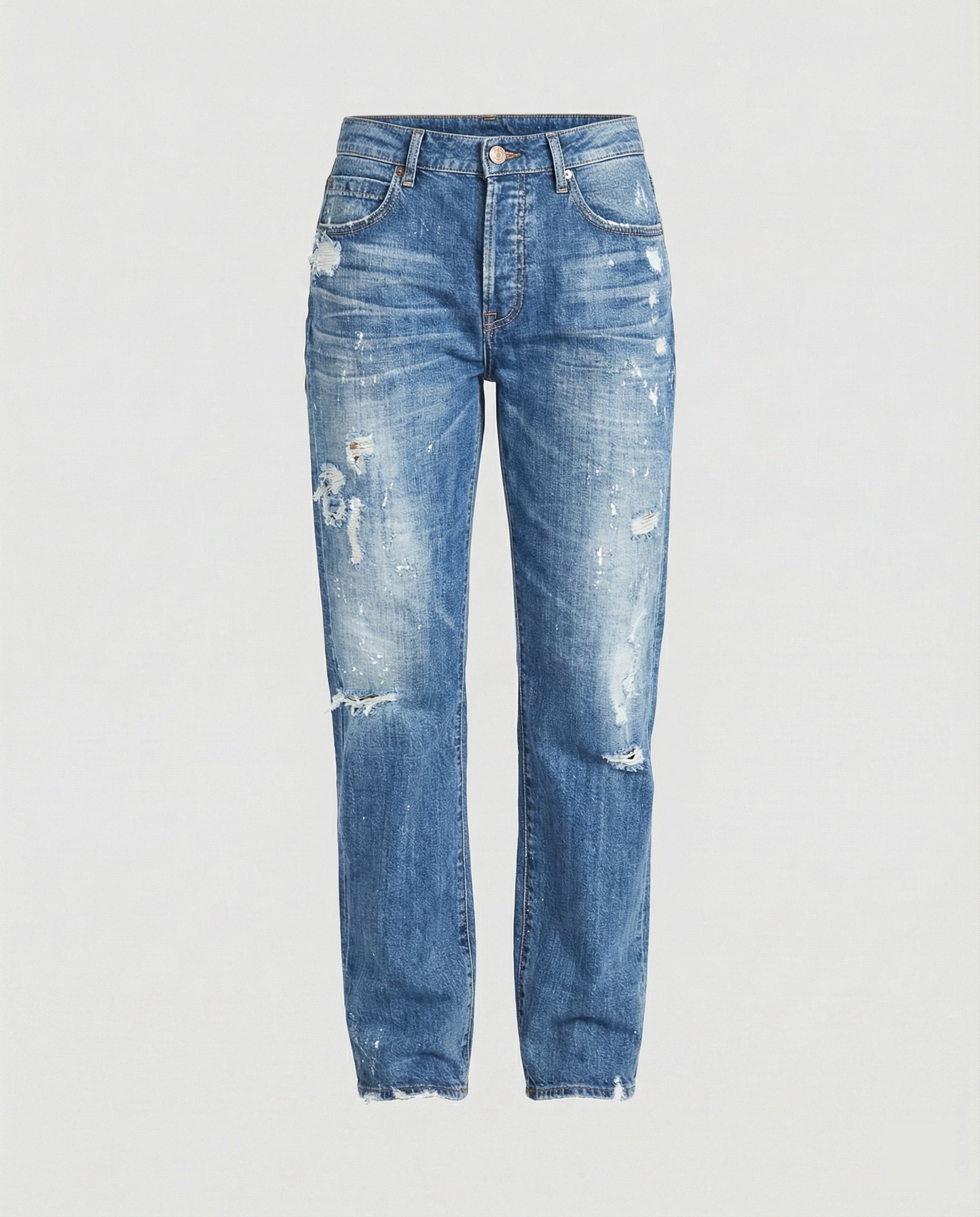 Distressed mid-rise straight leg jeans with frayed hem from Lumina Wear's Isabella collection displayed on a model.