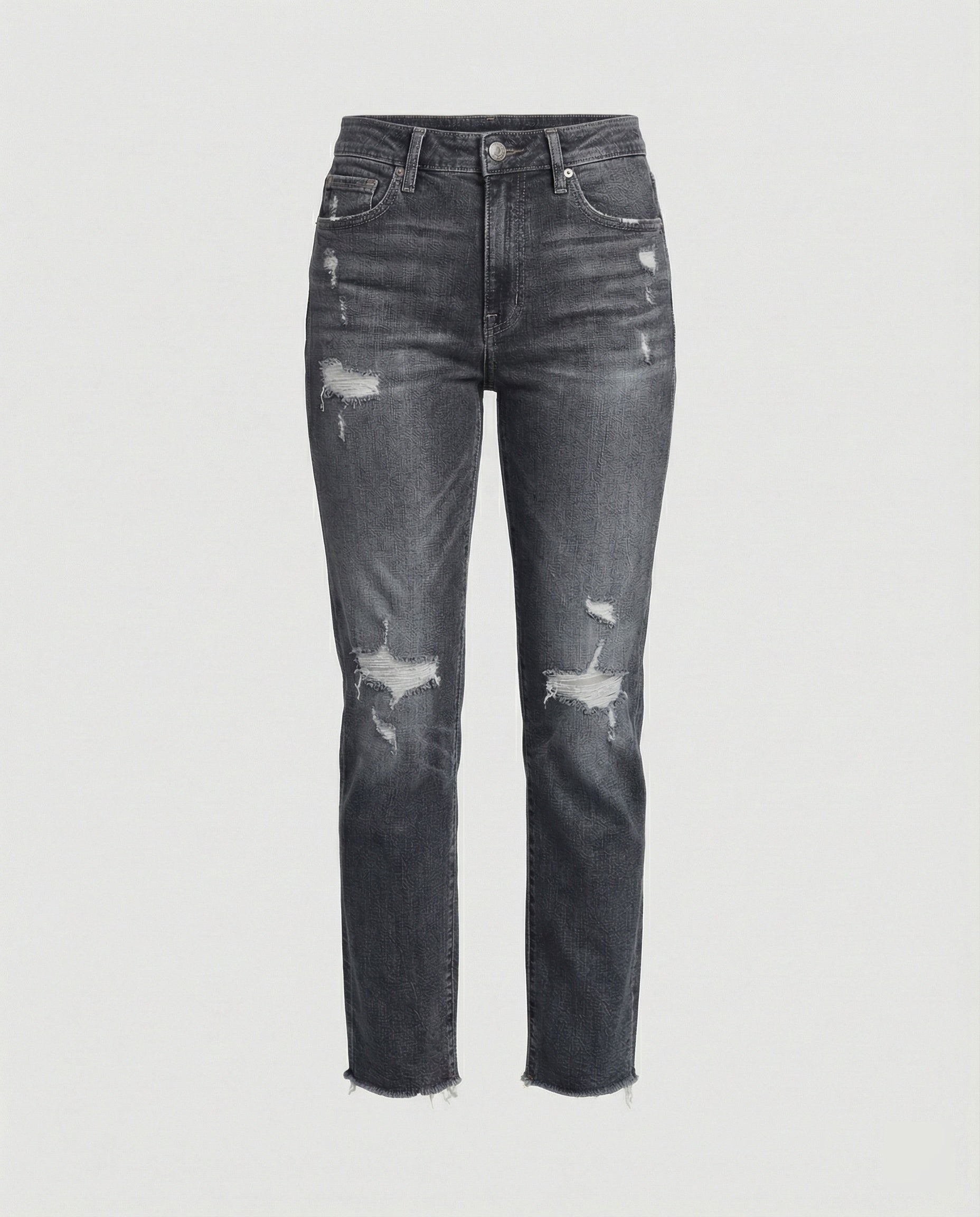 Lumina Wear Isabella distressed mid-rise straight leg jeans with frayed hem, casual denim pants shown on a model.