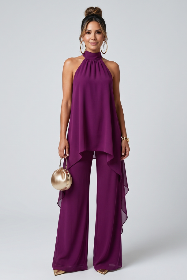 Elegant Juliette two-piece set by Lumina Wear featuring asymmetric halter top and wide-leg pants, stylish and sophisticated.