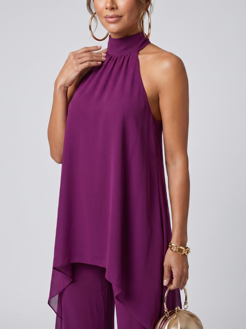 Isabella | Elegant Asymmetric Halter Two-Piece Set with Wide Leg Pants - Lumina 1