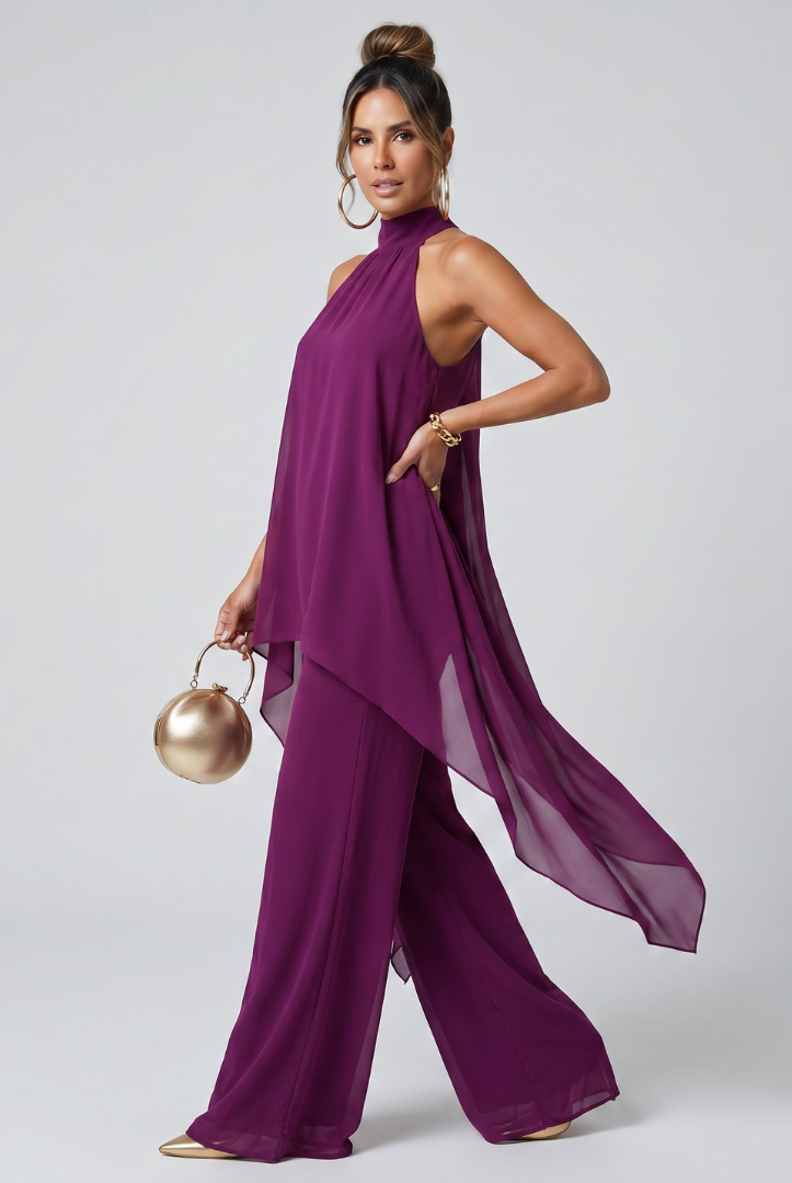 Elegant Juliette asymmetrical halter two-piece set with wide-leg pants by Lumina Wear, featuring stylish design and flowing fabric.