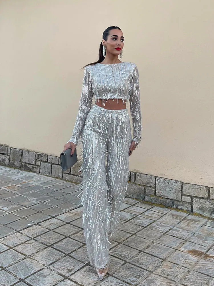 Isabella | Elegant Cropped Sequin Two Piece Set with Long Sleeves - Lumina 3