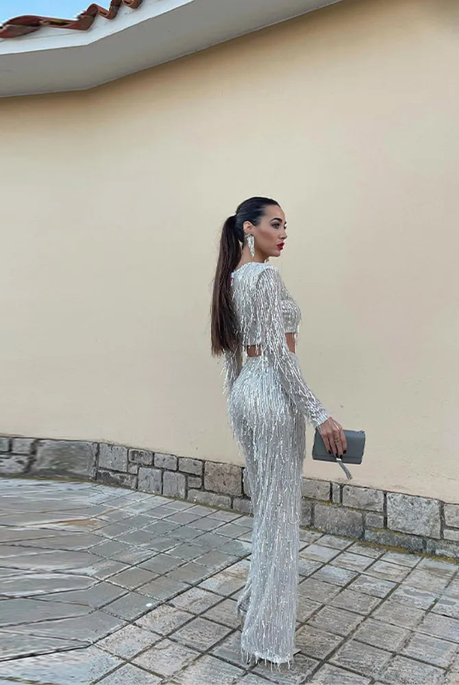 Elegant Seraphina Lumina Wear cropped sequin two-piece evening dress with long sleeves, featuring a stylish and shimmering design.