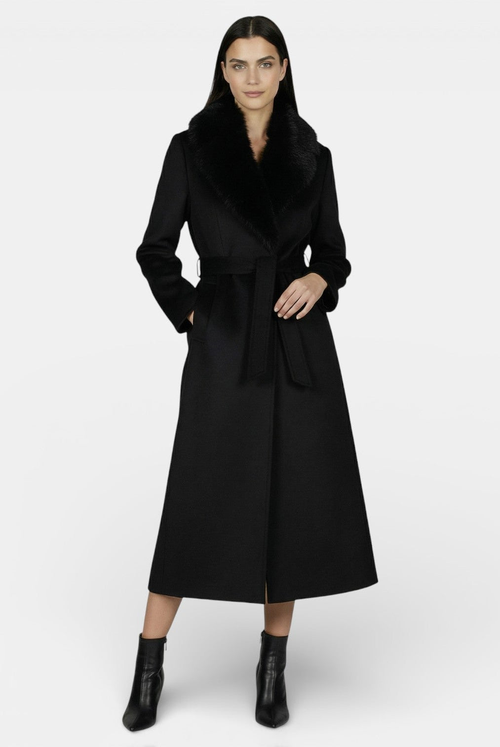 Elegant women's long wool coat with fur collar by Lumina Wear, showcasing a sophisticated design and plush collar detail.