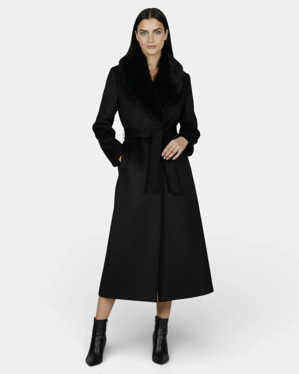 Elegant long wool coat with fur collar by Lumina Wear, featuring a stylish silhouette and luxurious fabric in a sophisticated design.