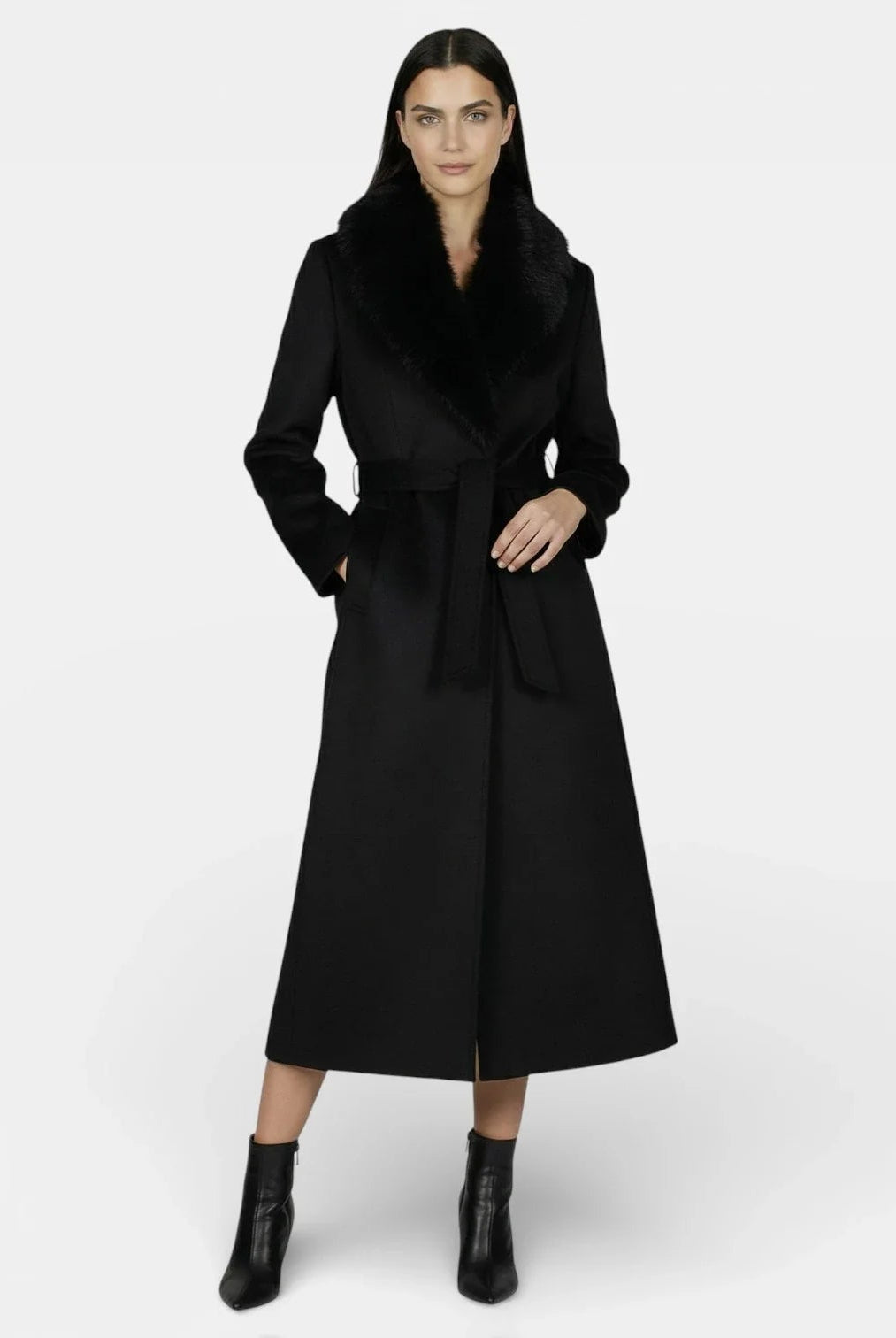 Elegant long wool coat with a fur collar from Lumina Wear, modeled by Isabella, showcasing sophisticated winter outerwear.
