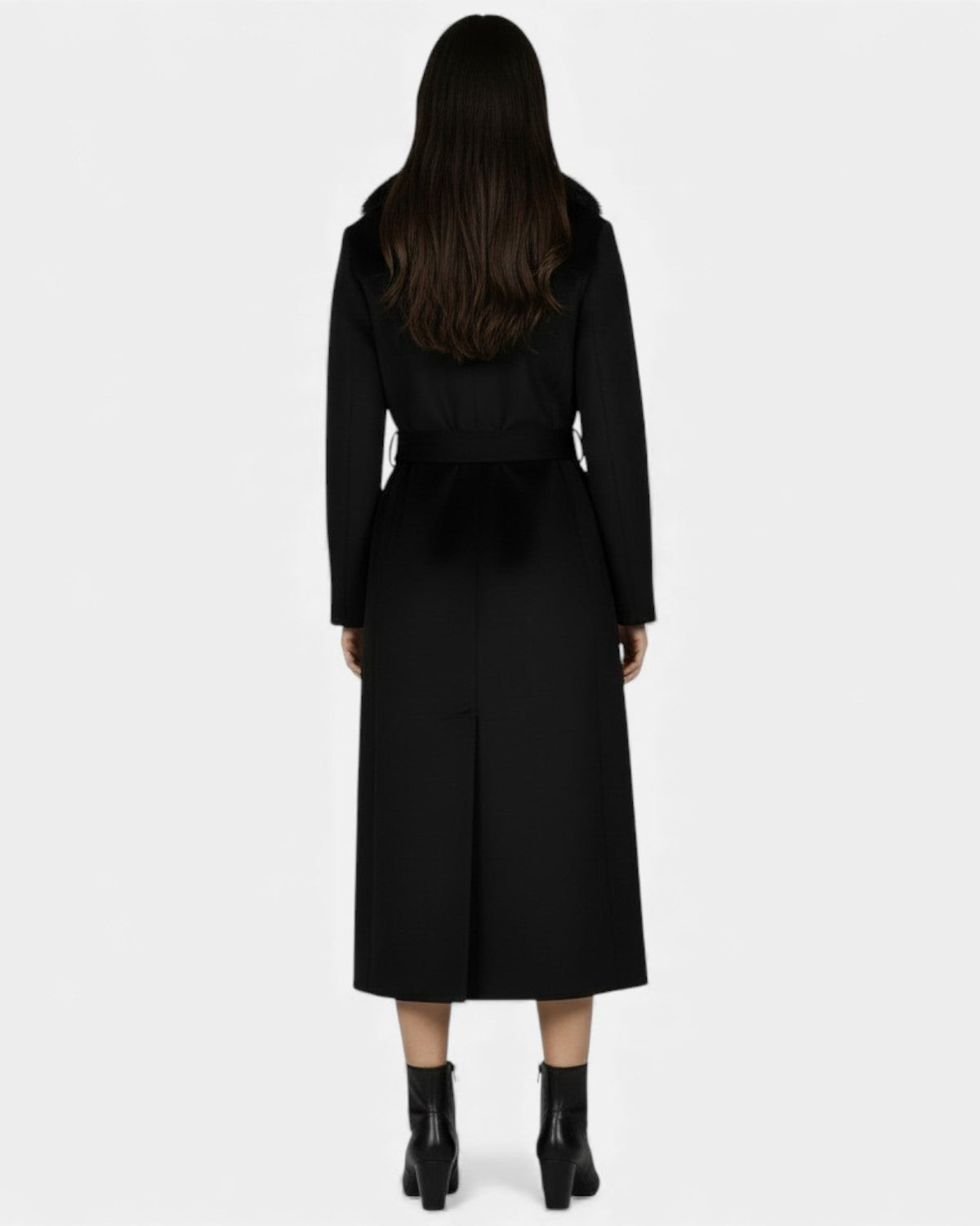Elegant Lumina Wear Isabella long wool coat with fur collar, shown on a model, featuring a classic design and luxurious details.