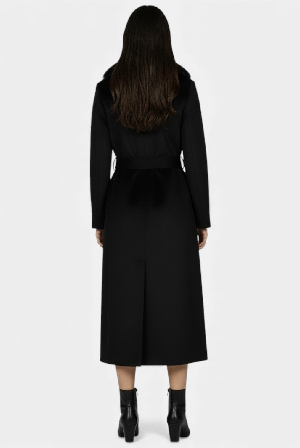 Elegant long wool coat with fur collar from Lumina Wear, featuring a tailored fit and luxurious fabric for women.