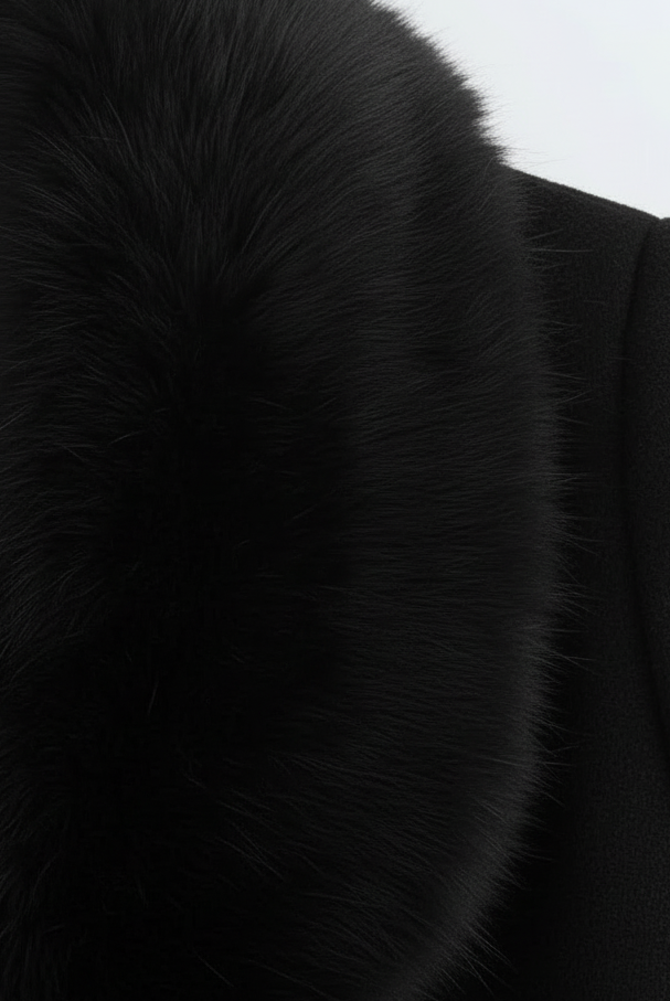 Elegant long wool coat with fur collar by Lumina Wear, featuring a stylish silhouette and luxurious detailing.