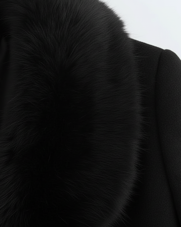 Elegant Lumina Wear Isabella long wool coat with a plush fur collar, shown in a stylish full-length view.