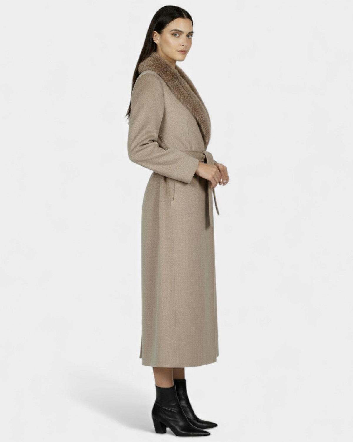 Elegant long wool coat with fur collar by Lumina Wear, shown in beige with tailored fit and stylish design.