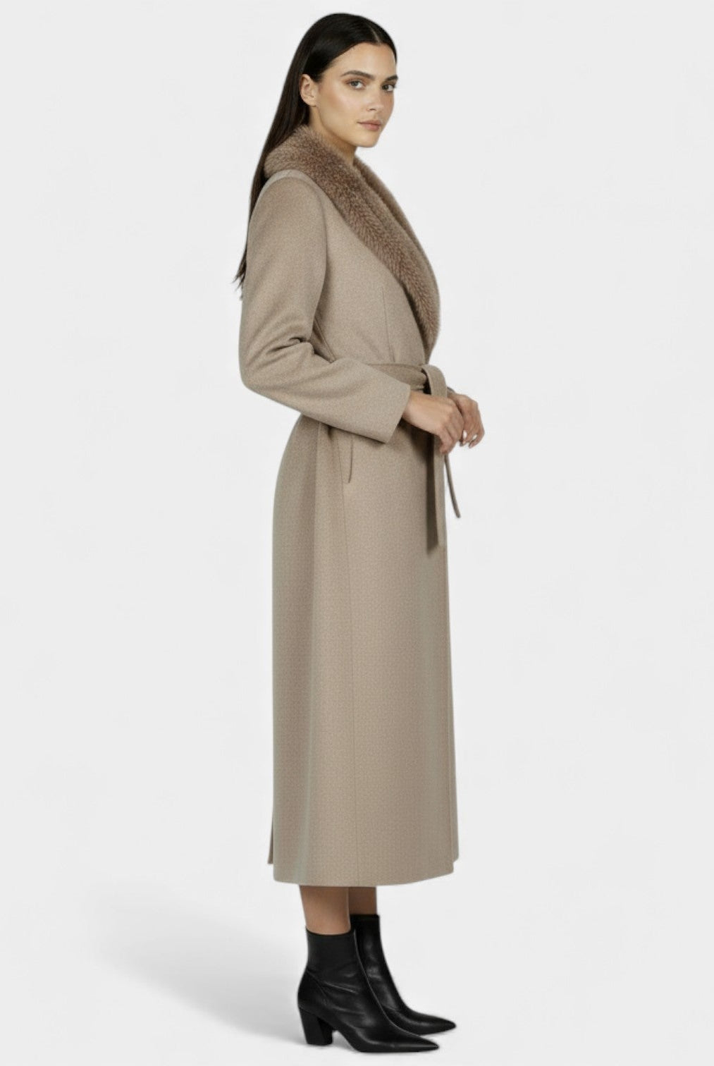 Elegant women’s long wool coat with fur collar by Lumina Wear, featuring a sophisticated design and plush fur detailing.